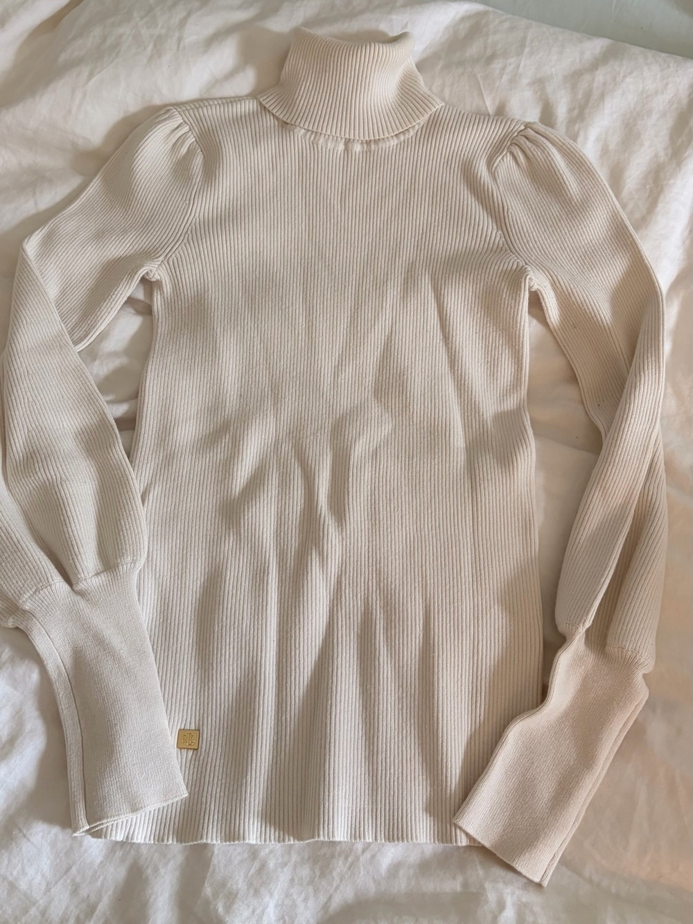 LAUREN Ralph Lauren Cream Ribbed Turtleneck with Puff Shoulders